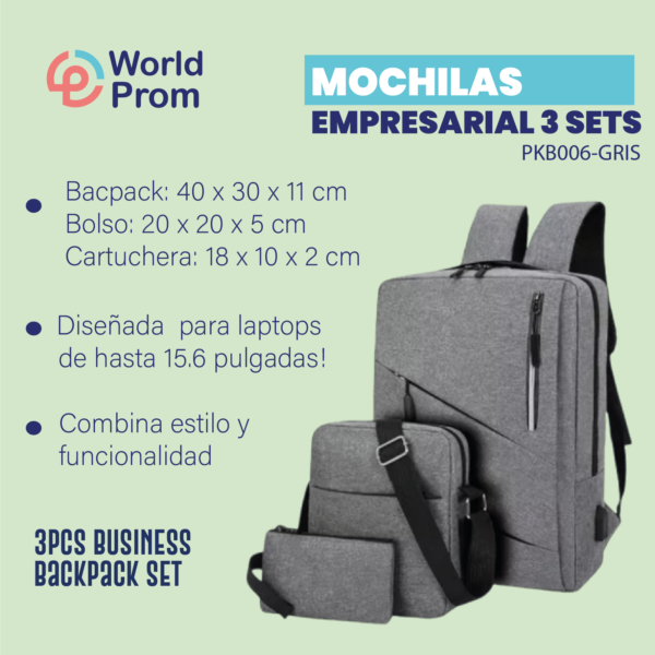 Conjunto de mochila empresarial de 3 piezas Gris - Image 4