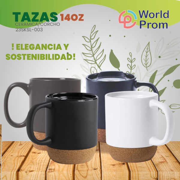 Taza de Cerámica con Base de Corcho y Tapa Plástica 400 ml Blanco - Image 4