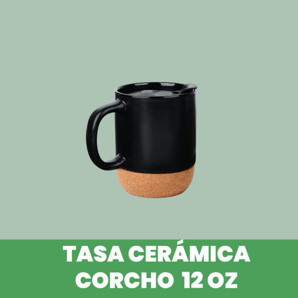 Taza de Cerámica con Base de Corcho y Tapa Plástica 400 ml Negro