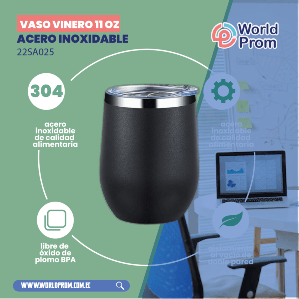 Vaso Vinero Tapa Acrílica de acero inoxidable 12 oz Negro - Image 4