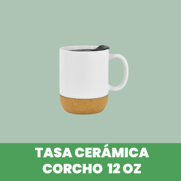 Taza de Cerámica con Base de Corcho y Tapa Plástica 400 ml Blanco