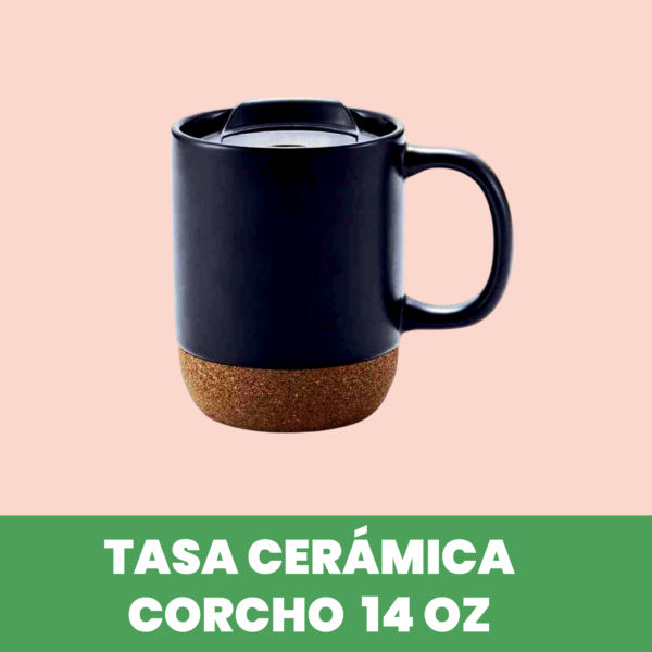 Taza de Cerámica con Base de Corcho y Tapa Plástica 400 ml Azul