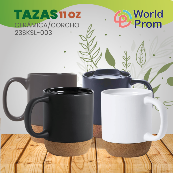 Taza de Cerámica con Base de Corcho y Tapa Plástica 400 ml Negro - Image 4