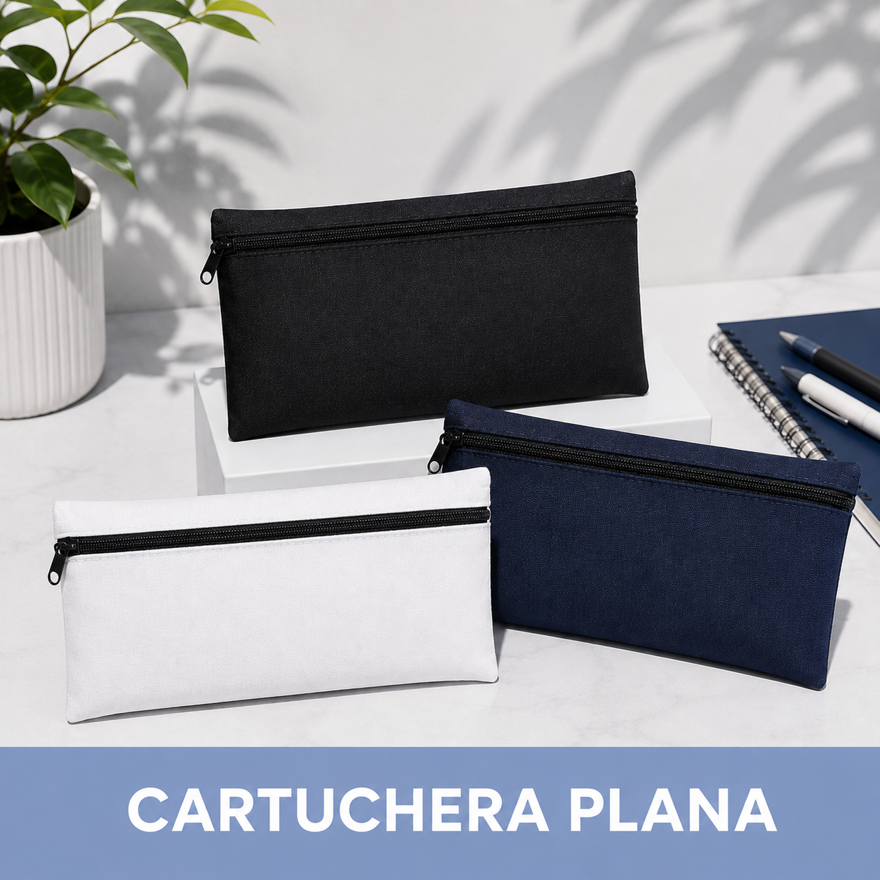 Cartuchera plana / Negro - Blanco - Azul oscuro