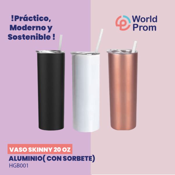 Vaso SKINNY de acero inoxidable 20 oz con pitillo Blanco - Image 4